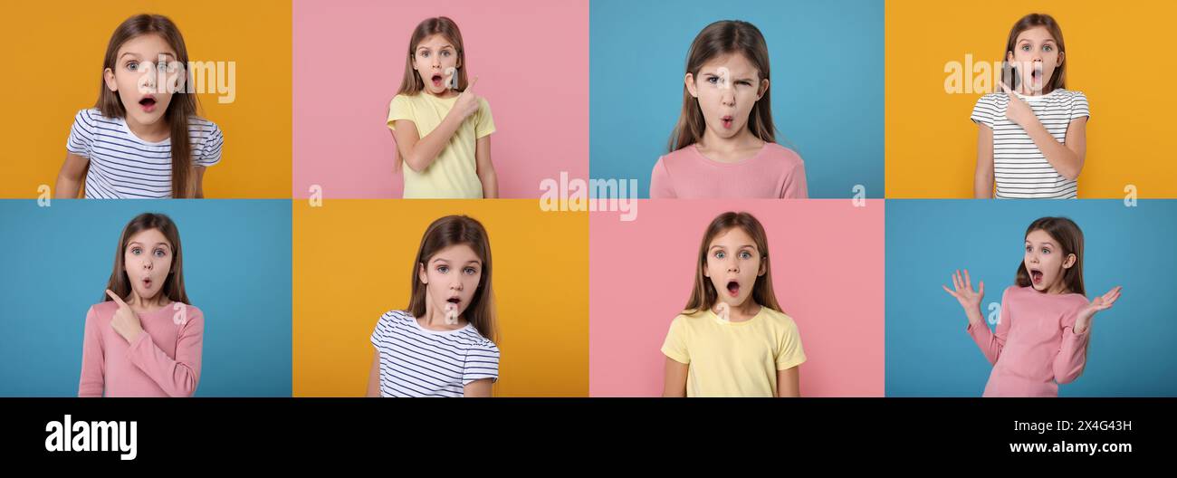 Collage mit Fotos von überraschtem Mädchen auf verschiedenfarbigem Hintergrund Stockfoto
