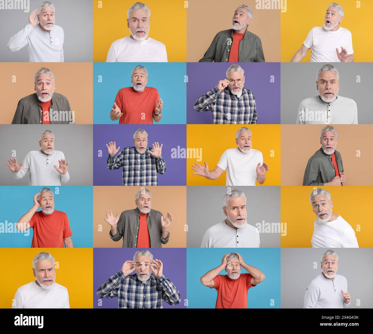 Collage mit Fotos von überraschtem Mann auf verschiedenfarbigem Hintergrund Stockfoto