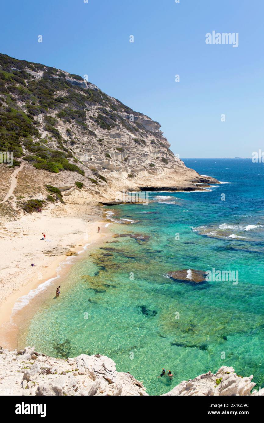 Bonifacio, Corse-du-Sud, Korsika, Frankreich. Blick auf klares türkisfarbenes Wasser vor der Plage Sant'Antoniu, Capo Pertusato. Stockfoto