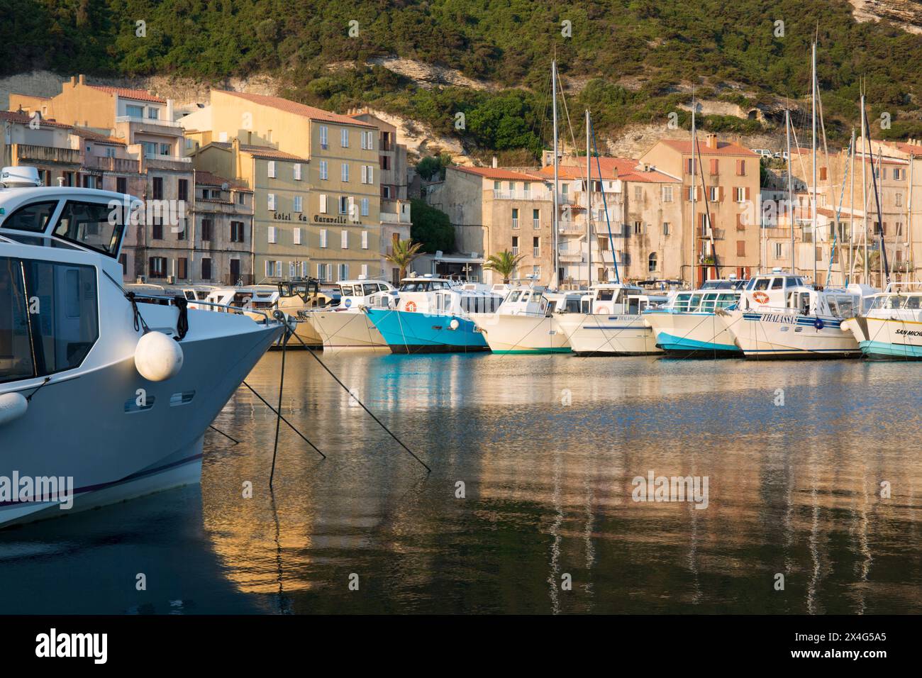 Bonifacio, Corse-du-Sud, Korsika, Frankreich. Blick über den Hafen bei Sonnenaufgang, verankerte Sightseeing-Boote spiegeln sich im ruhigen Wasser. Stockfoto