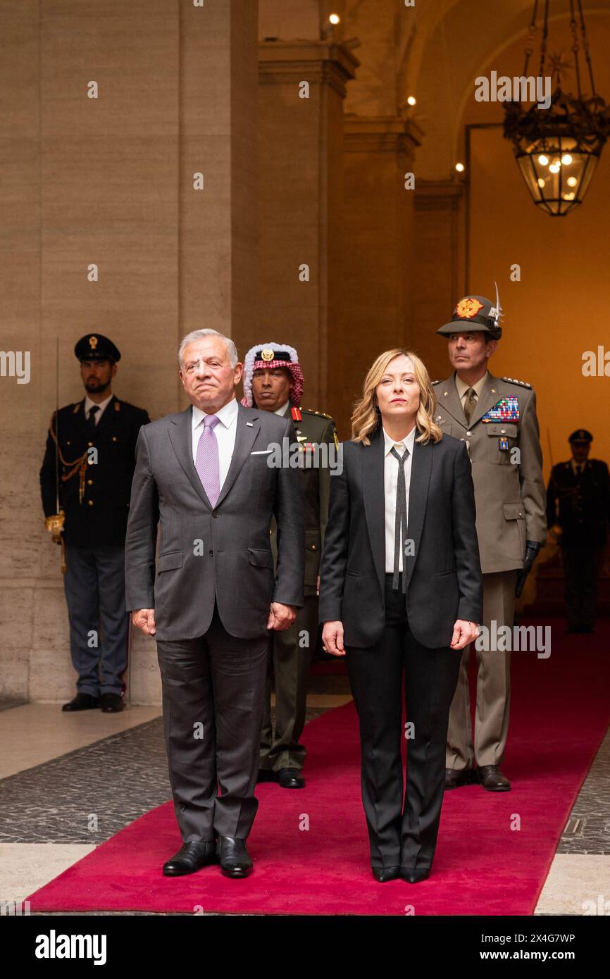 Rom, Italien. Mai 2024. König Abdullah II. Von Jordanien trifft sich am 2. Mai 2024 in Rom mit der italienischen Premierministerin Giorgia Meloni. Foto: Balkis Press/ABACAPRESS. COM Credit: Abaca Press/Alamy Live News Stockfoto