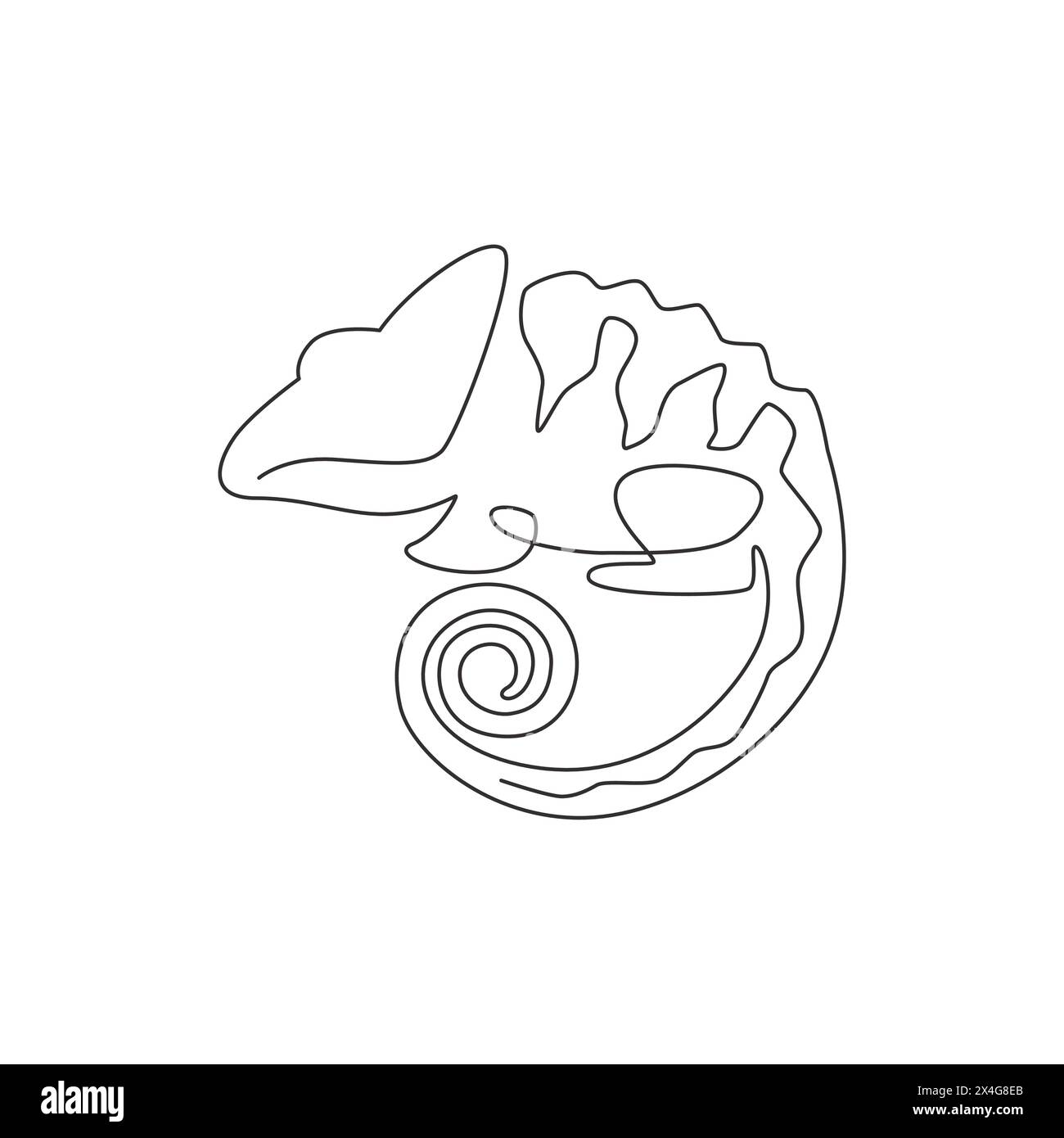 Eine durchgehende Linienzeichnung des Beauty-Chamäleons mit spiralförmigem Schwanz-Maskottchenkonzept für die Reptilienliebhaber-Gesellschaft. Exotisches Reptilientier für Firmenbuch Stock Vektor