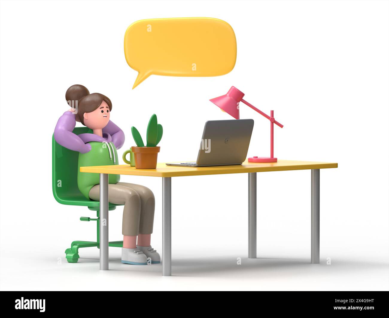 3D-Illustration eines lächelnden asiatischen Mädchens Renae Business, der sich bei der Arbeit langweilt. Work-Life-Konzept im Büro. 3D-Rendering auf weißem Hintergrund. Stockfoto