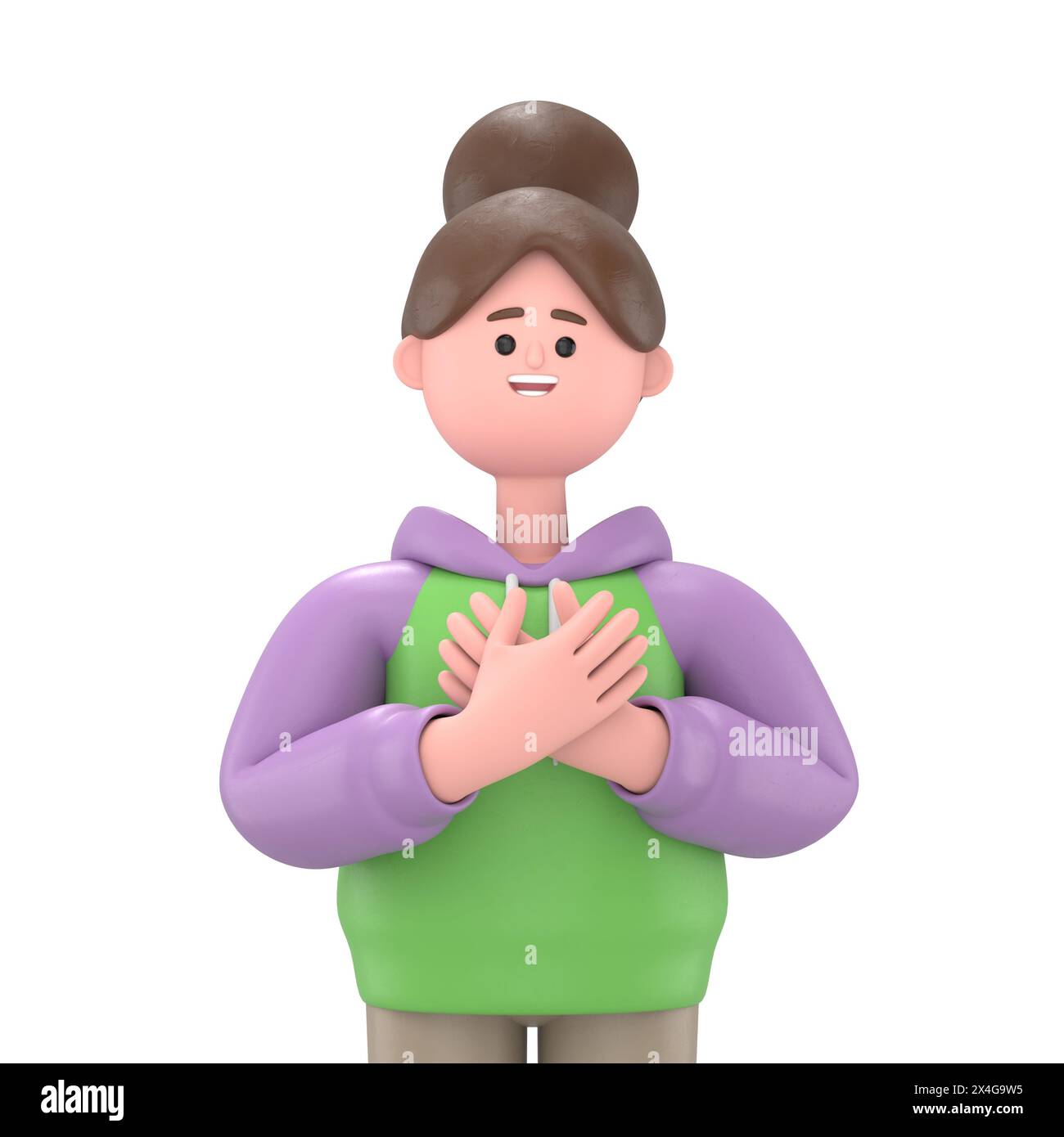 Dankbare Leute lächeln mit Händen auf der Brust.3D Illustration des asiatischen Mädchens Renae mit charmantem aufrichtigem Lächeln und fühlend dankbar, entspannte Person mit Than Stockfoto