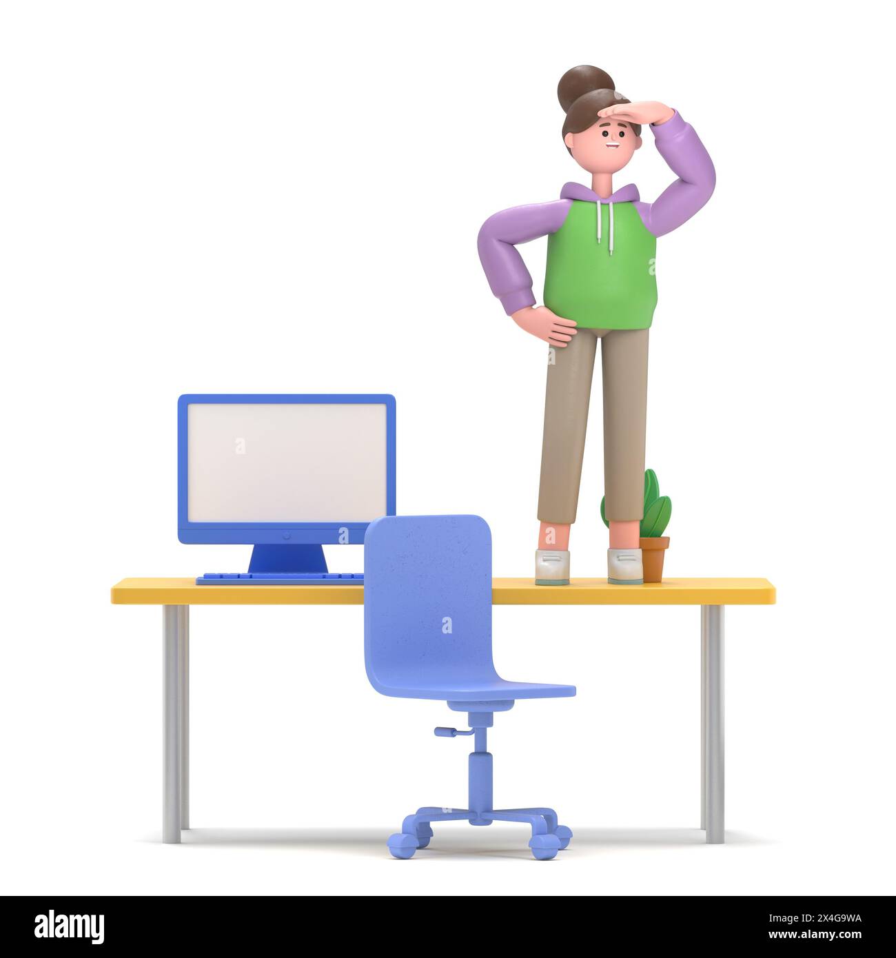 3D-Illustration des asiatischen Mädchens Renae steht auf dem Bürotisch und blickt in die Ferne auf der Suche nach Mitarbeitern. Wir stellen Banner ein. Einstellung Stockfoto