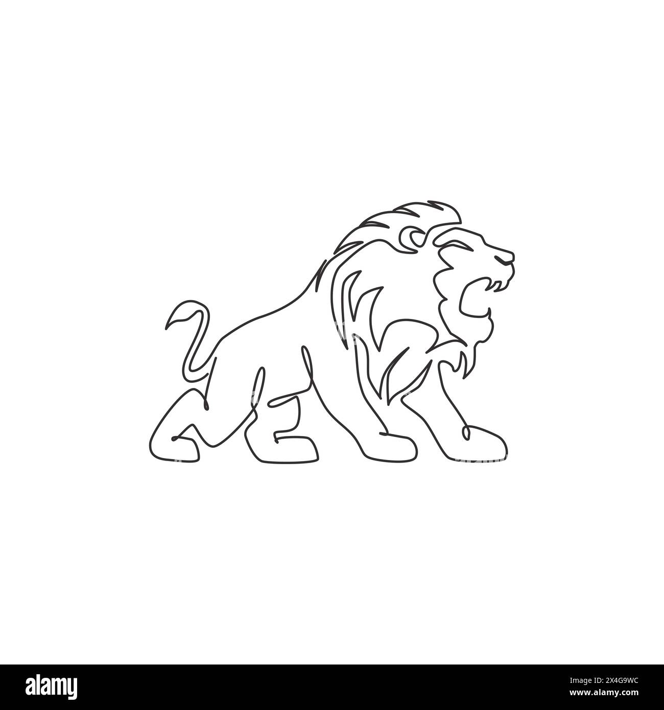 Eine durchgehende Linienzeichnung des Königs des Dschungels, Löwe für Firmenlogo. Starkes katzenförmiges Säugetiermaskottchen-Konzept für den nationalen Safarizoo. Stock Vektor