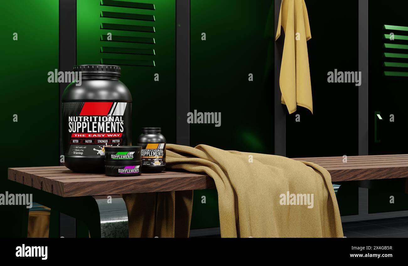 Verschiedene Nahrungsergänzungsmittel auf einer Bank in einer Umkleidekabine - 3D-Illustration Stockfoto