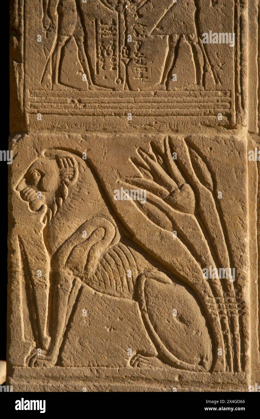 Ägypten. Philae Tempel, der Göttin Isis gewidmet. Errichtet in ptolemäischer und römischer Zeit. Detail eines Reliefs mit Darstellung eines Löwen. Agilkia Island. Assuan. Stockfoto