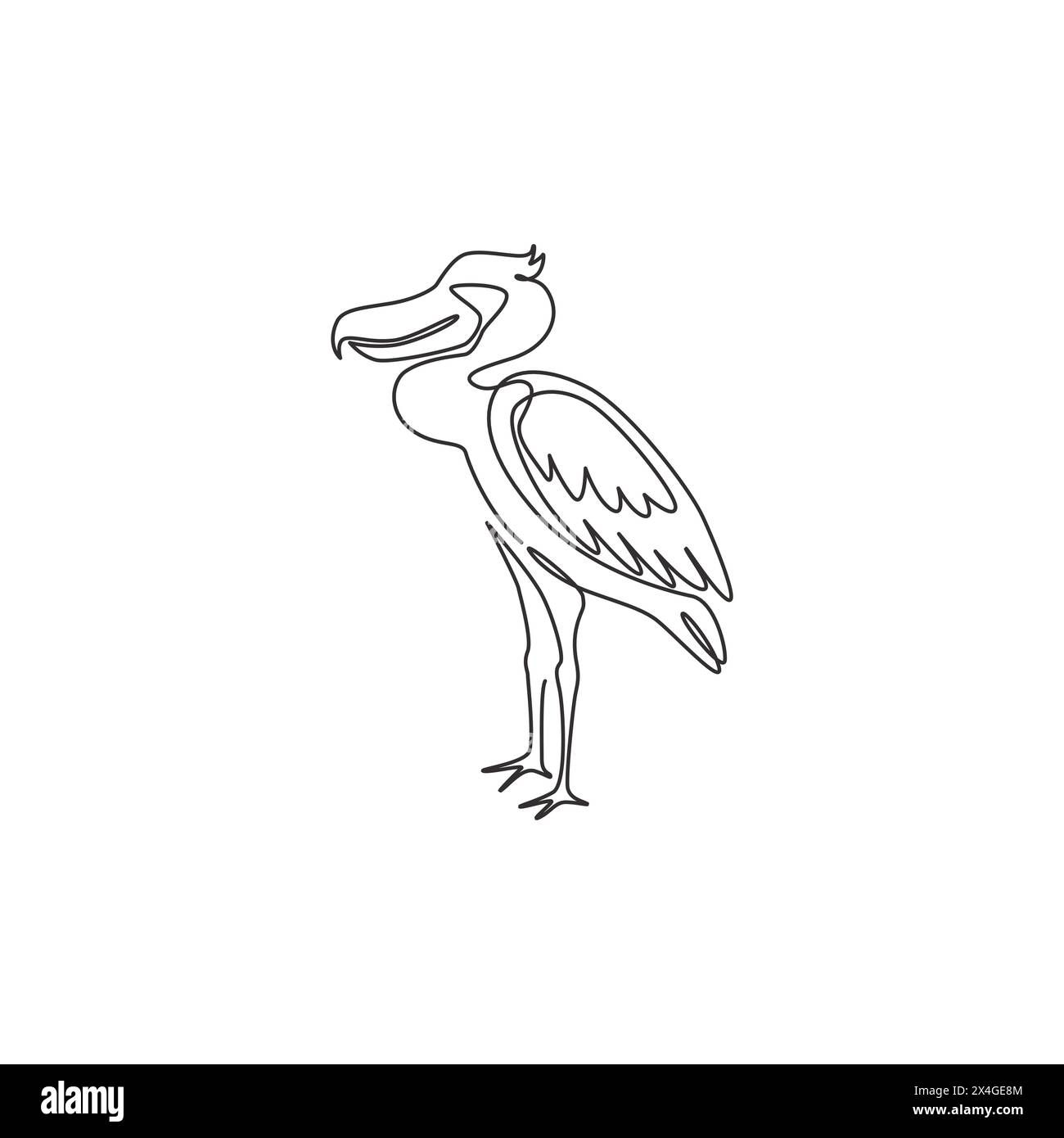 Einzelne durchgehende Linienzeichnung mit einem großen, bezaubernden Schuhputzer für Logo-Identität. Großes prähistorisches Dinosaurier-Vogel-Maskottchen als Ikone des Naturschutzparks. Stock Vektor