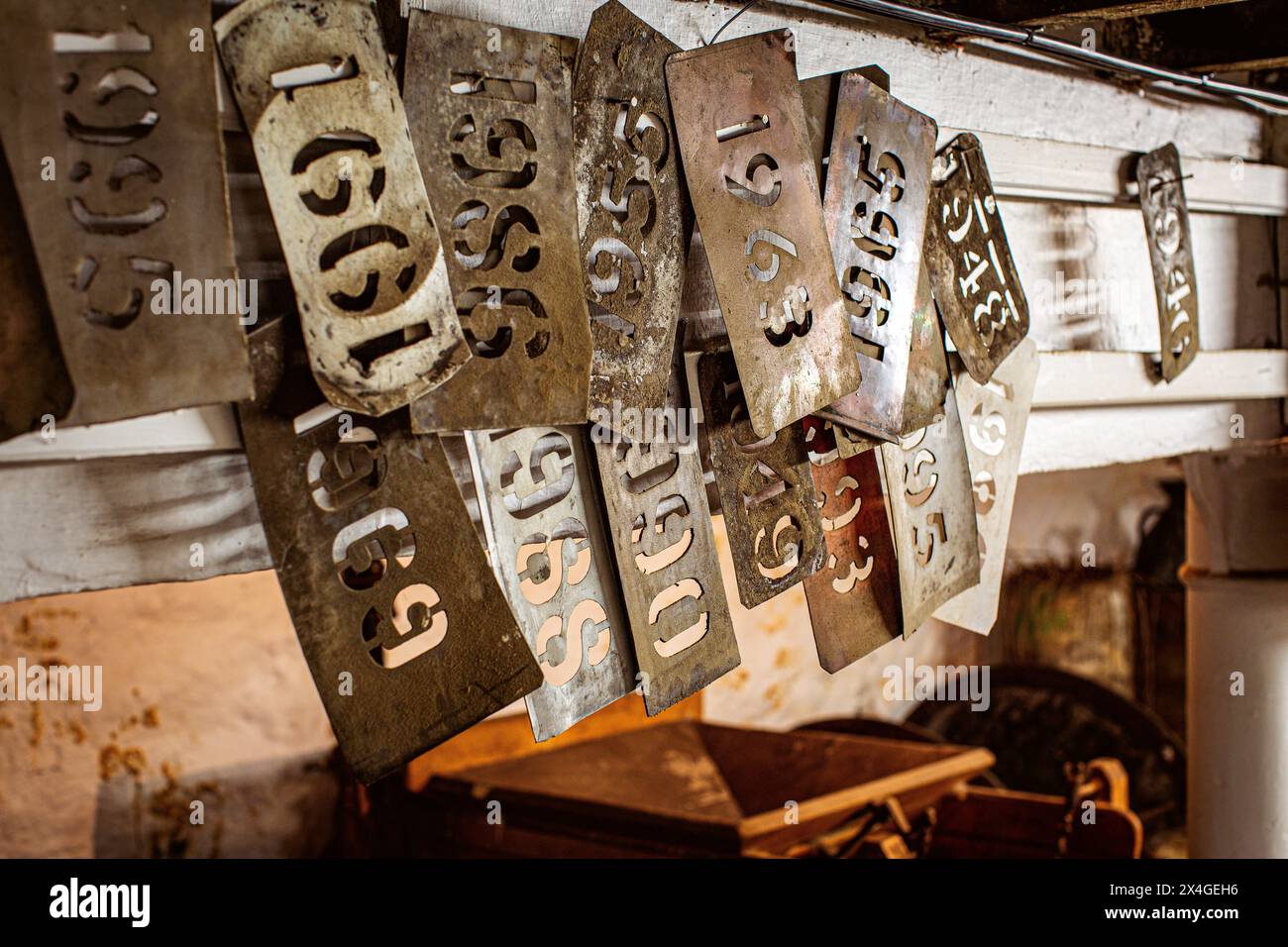Whiskey-Schablone in der Fettercarin Distillery, Aberdeenshire, Schottland Stockfoto