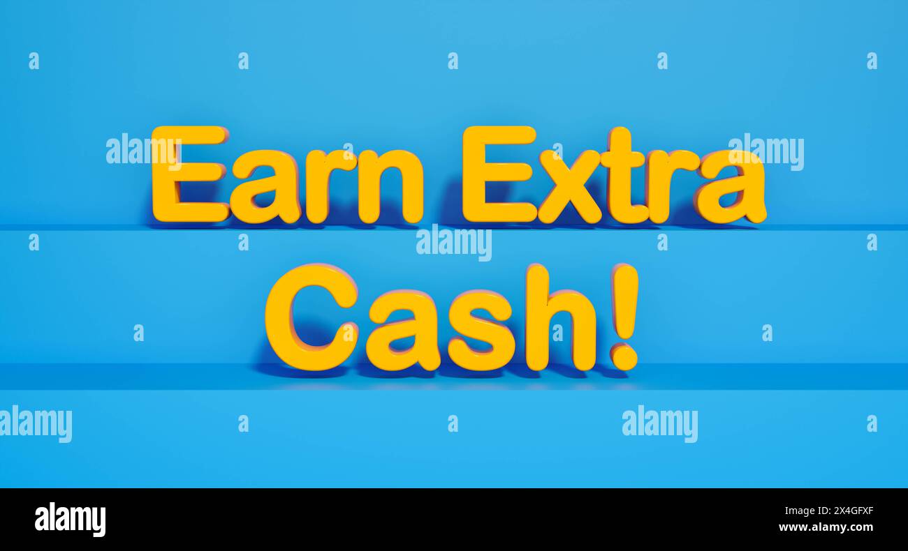 Verdienen Sie Zusätzliches Bargeld. Verdienen Sie zusätzliches Bargeld. Gelb glänzende Plastikbuchstaben, blauer Hintergrund. Bonus, Einkommen, Gehalt, Extragehalt, Erfolg. 3D-Illustration Text banne Stockfoto