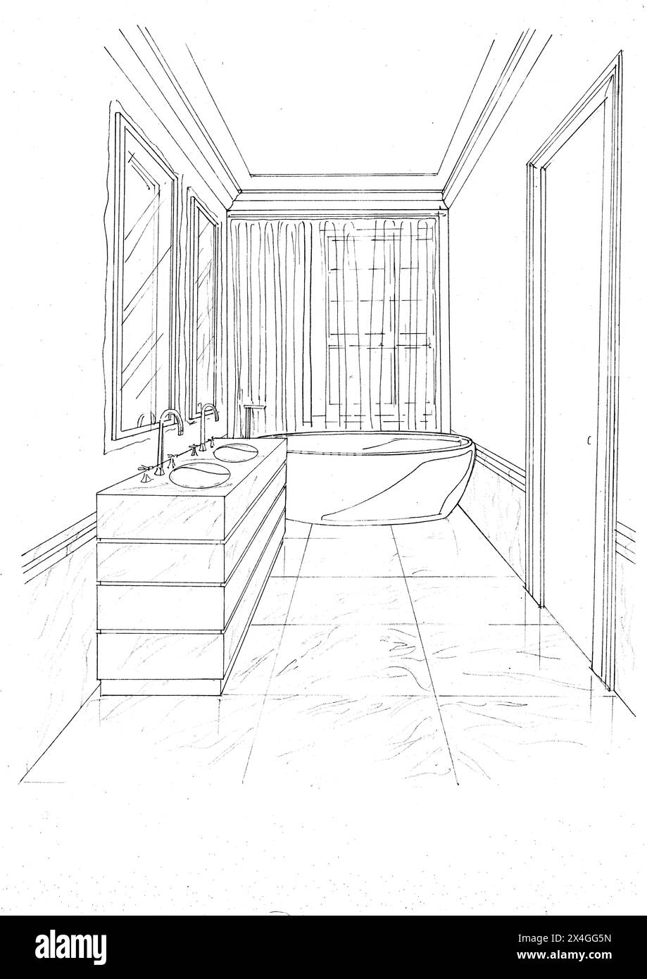 Eine schwarz-weiße Skizze eines modernen Badezimmers. Stockfoto