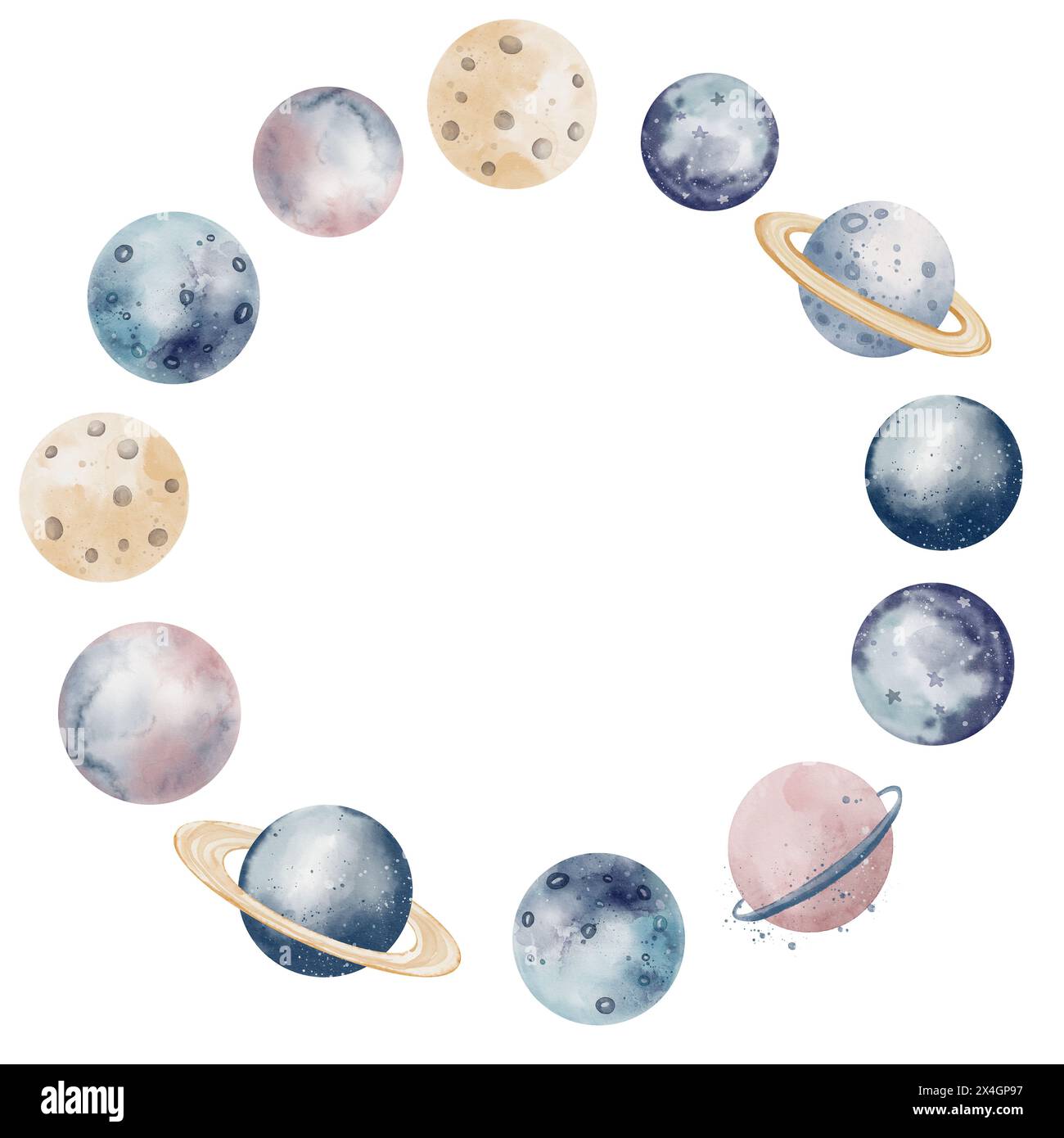 Planetenkranz. Kreisförmiger Rahmen für Wasserfarbenraum auf isoliertem Hintergrund. COSMOS Set für Grußkarten oder Geburtstagseinladungen in Pastellblau und Rosa. Illustration für Kinder Stockfoto