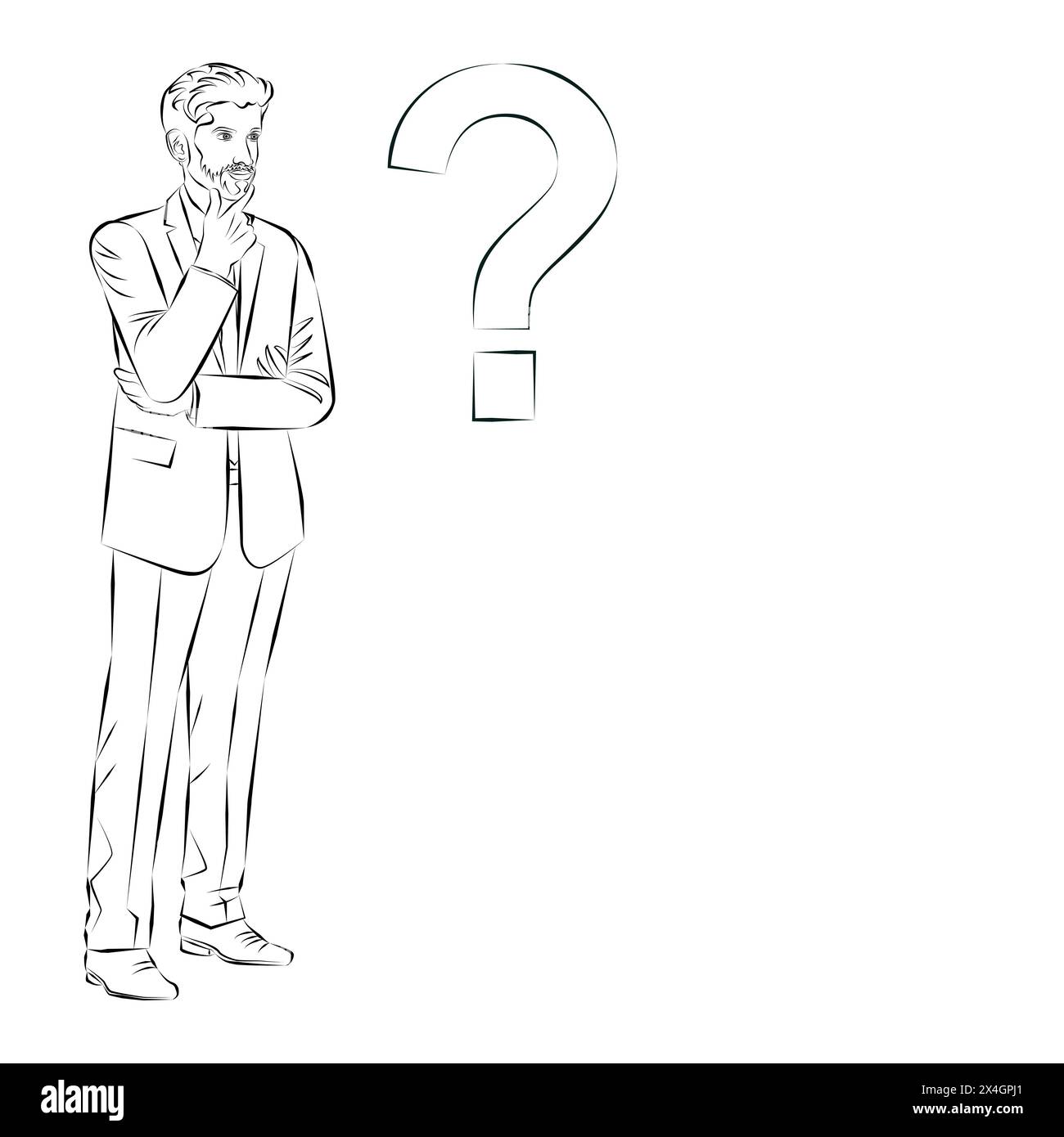 Ein Mann denkt während des Entscheidungsprozesses über Probleme und Fragen nach. Geschäftskonzept. Skizze. Vektorabbildung. Stock Vektor