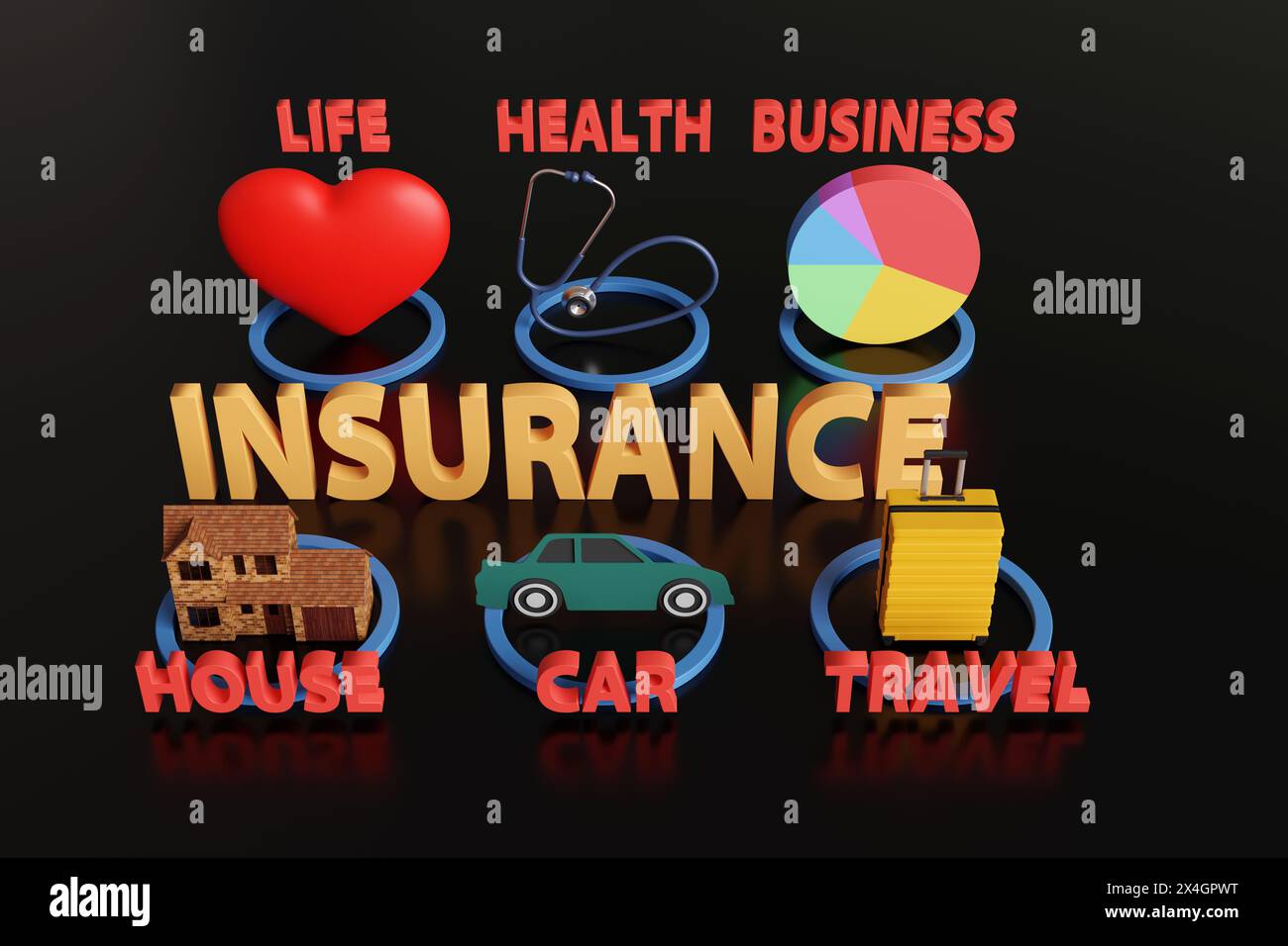 Große VERSICHERUNG MIT gelbem Text, rotes Herz, blaues Stethoskop, Business Tortendiagramm, Einfamilienhaus, grünes Auto und gelbes Gepäck auf schwarzem Hintergrund Stockfoto