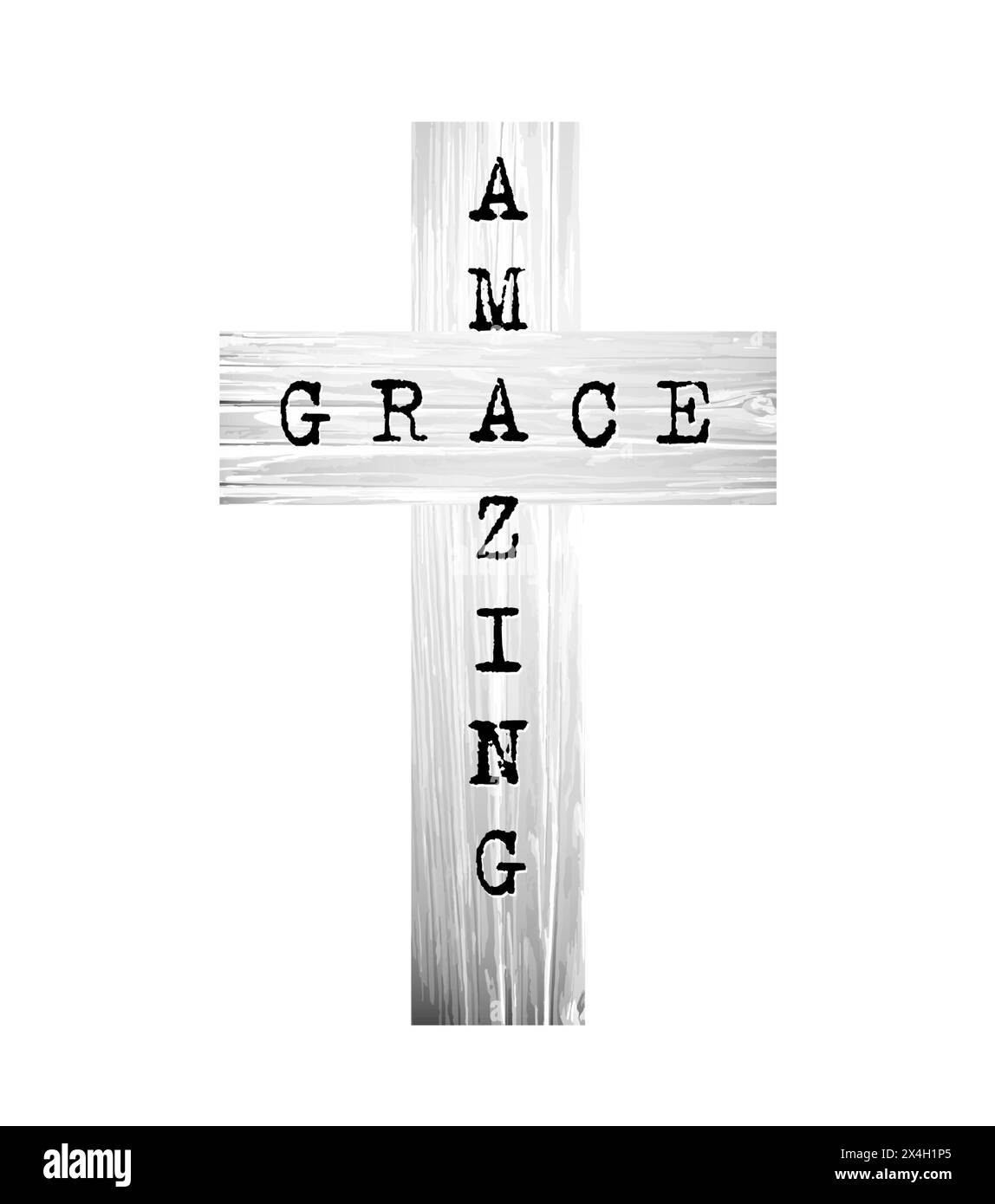 Erstaunlicher Grace Text im Retro-Stil mit realistischem Holzkreuz. Christliches Symbol. T-Shirt-Grafikvorlage. Kirchenlogo, schwarz-weiß-Konzept. Stock Vektor