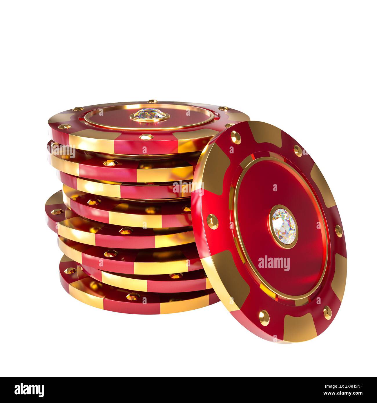 3D-Rendering von roten und goldenen Poker-Chips mit Diamant auf weißem Hintergrund Stockfoto