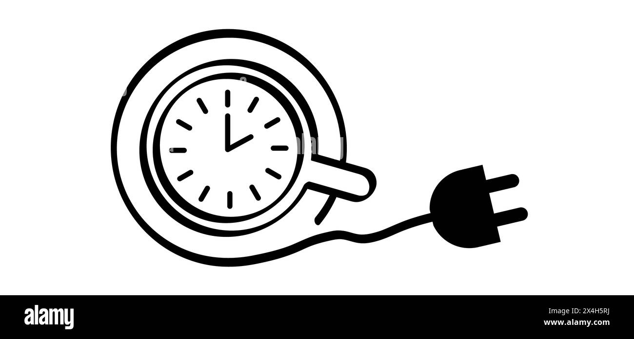 Zeichentricklinienmuster. Es ist Kaffee-Uhr oder Kaffeezeit. Kaffeezeit, Zeit für Pause oder Timeout und Stecker. Pause, flexible Arbeitszeiten oder Arbeit Stockfoto