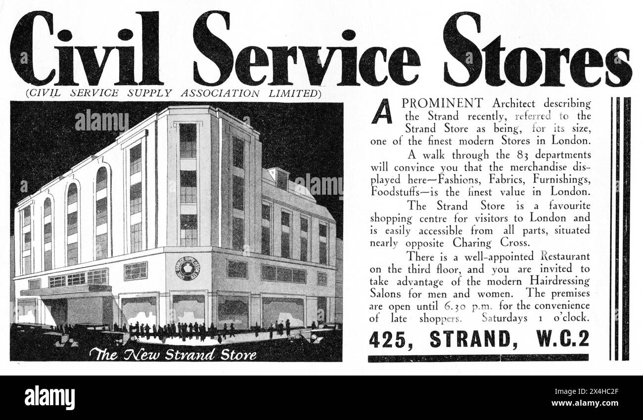 London. 1935: Eine Werbung für die neu eröffneten öffentlichen Dienststellen in 425 Strand, London W.C.2. Dieses Kaufhaus wurde von den Architekten Lockwood & Mawson entworfen und bot eine große Auswahl an Waren, darunter Mode, Stoffe, Möbel, Lebensmittel, Friseursalons und ein Restaurant. Stockfoto