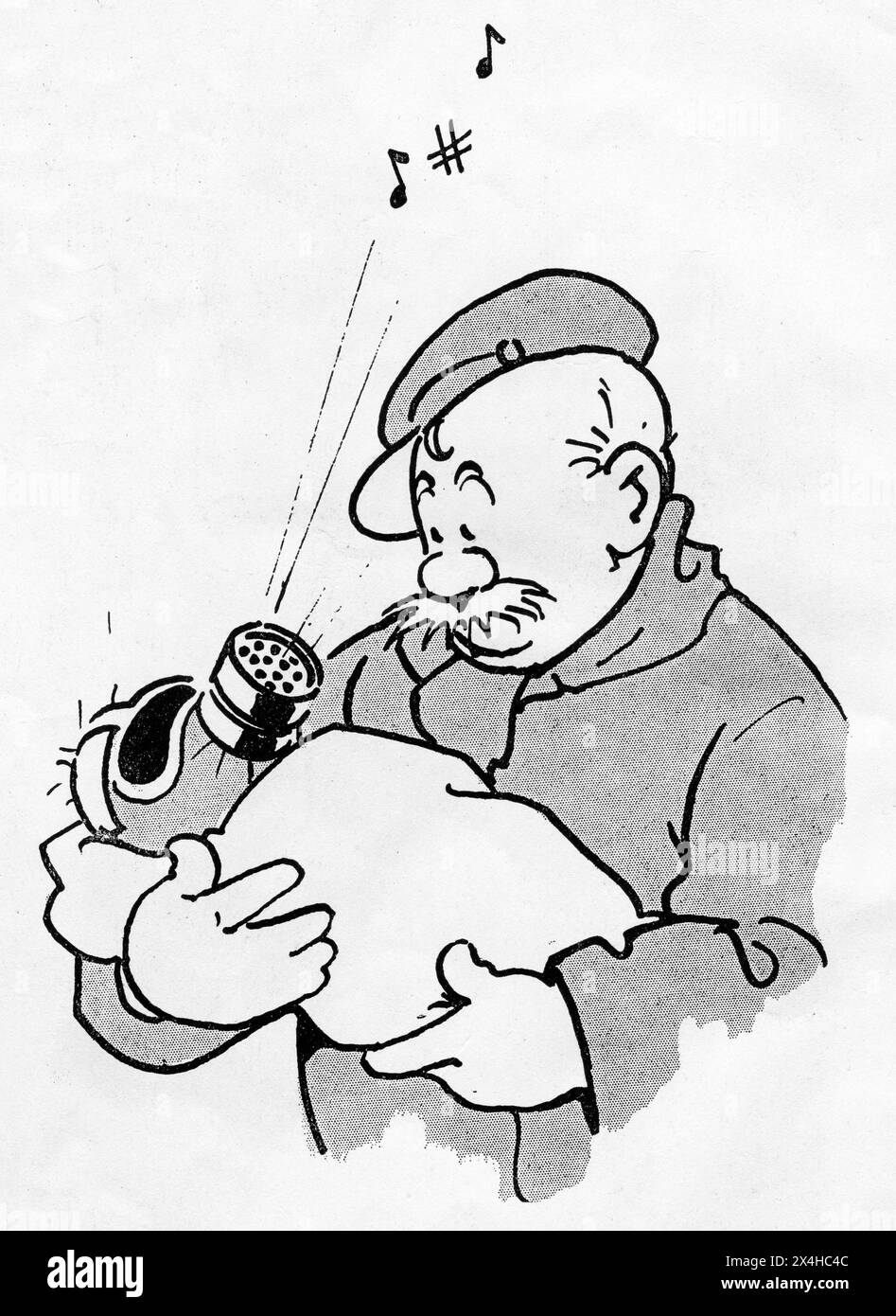 1940er Jahre - ein amüsanter Zeichentrick aus dem Zweiten Weltkrieg, der die populäre fiktive britische Soldatenfigur Old Bill darstellt, die von dem Karikaturisten Bruce Bairnsfather geschaffen wurde. Dieser Zeichentrick zeigt den alten Bill, der ein Baby hält, das eine Gasmaske trägt. Stockfoto