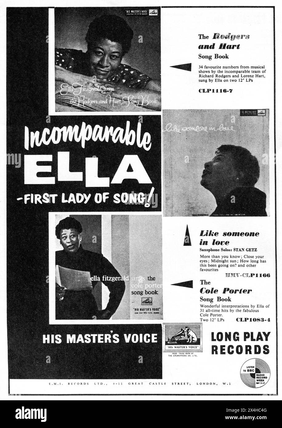 Ca. 1957: Eine Werbung von E.M.I. Records Ltd mit dem Titel „Insimilar Ella – First Lady of Song!“, die auf Ella Fitzgeralds Jazz-Long-Play-Platten auf dem Label „His Masters Voice“ wirbt. Die Aufnahmen sind „Ella Fitzgerald Sings the Rodgers & Hart Song Book“, „Like Someone in Love“ und „Ella Fitzgerald Sings the Cole Porter Song Book“. Stockfoto