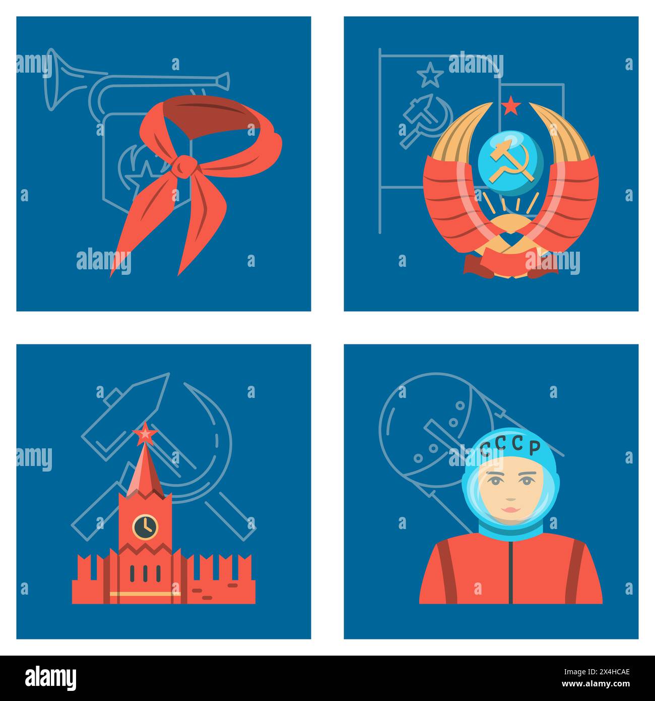 Sowjetunion-Plakat mit UdSSR-Symbolen. Pionierorganisation, Wappen, Kreml-Turm, Weltraumforschung. Vektorabbildung. Stock Vektor