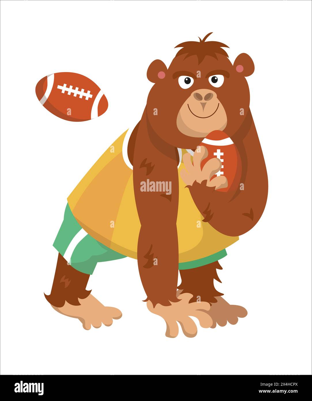 Süßer Gorilla, der Rugby spielt. Sportball. Vektor-Cartoon isolierte Illustration auf weißem Hintergrund. Lustiges Affentier im Trainingsanzug zum Design. Stock Vektor