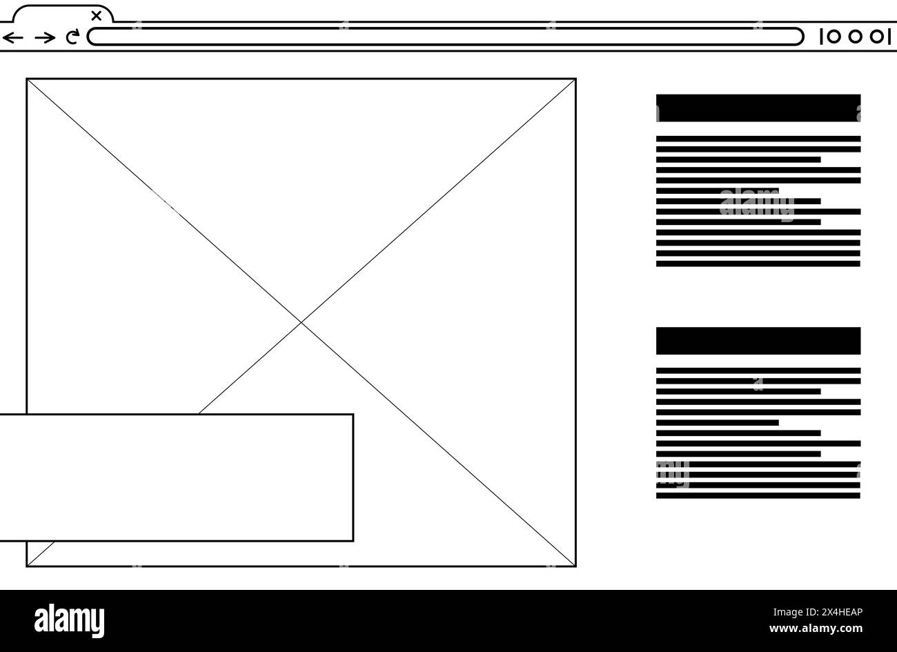 Website-Design-Vorlage. Drahtmodell mit verschiedenen Elementen auf weißem Hintergrund Stockfoto