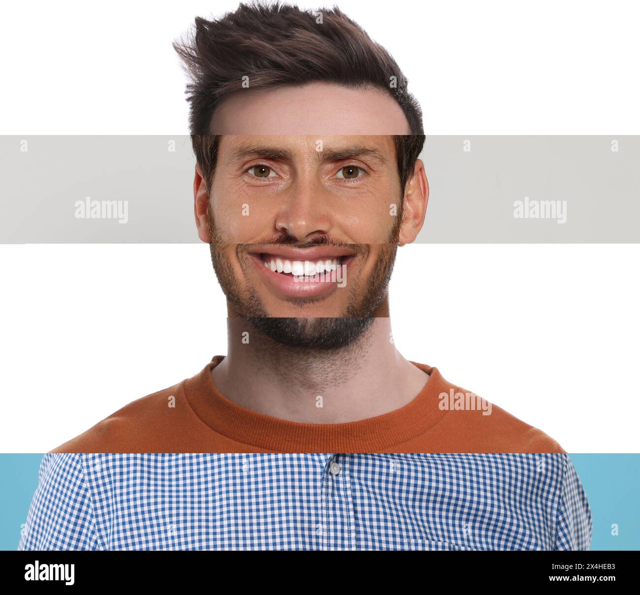 Kombiniertes Porträt des Mannes auf farbigem Hintergrund. Collage mit Teilen von Fotos verschiedener Personen Stockfoto