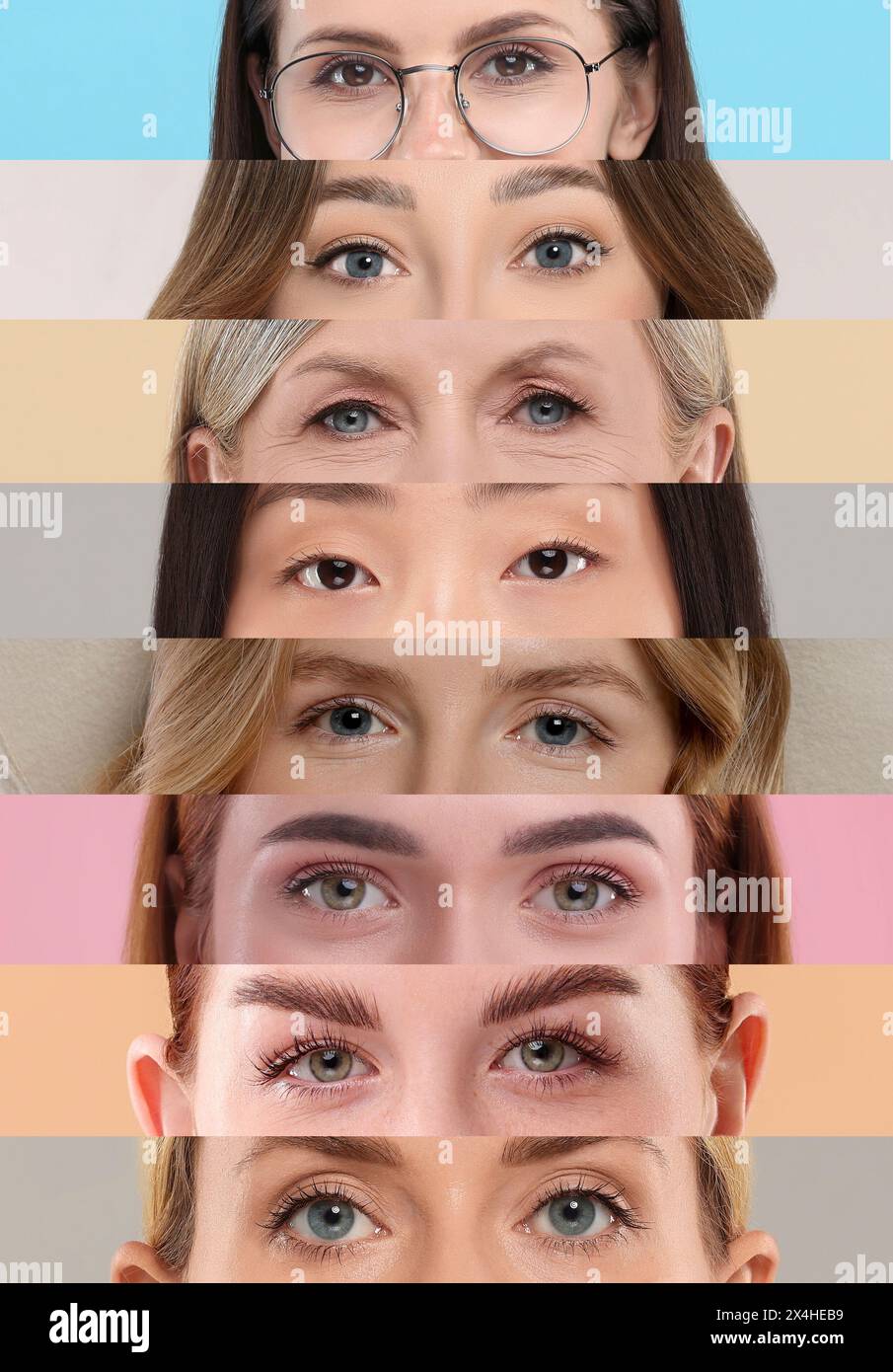 Verschiedene Frauen mit schönen Augen. Vertikale Collage von Nahaufnahmen Stockfoto
