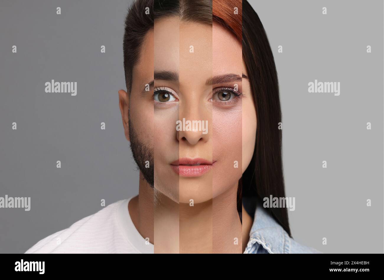 Kombiniertes menschliches Porträt auf grauem Hintergrund. Collage mit Teilen verschiedener Gesichter Stockfoto