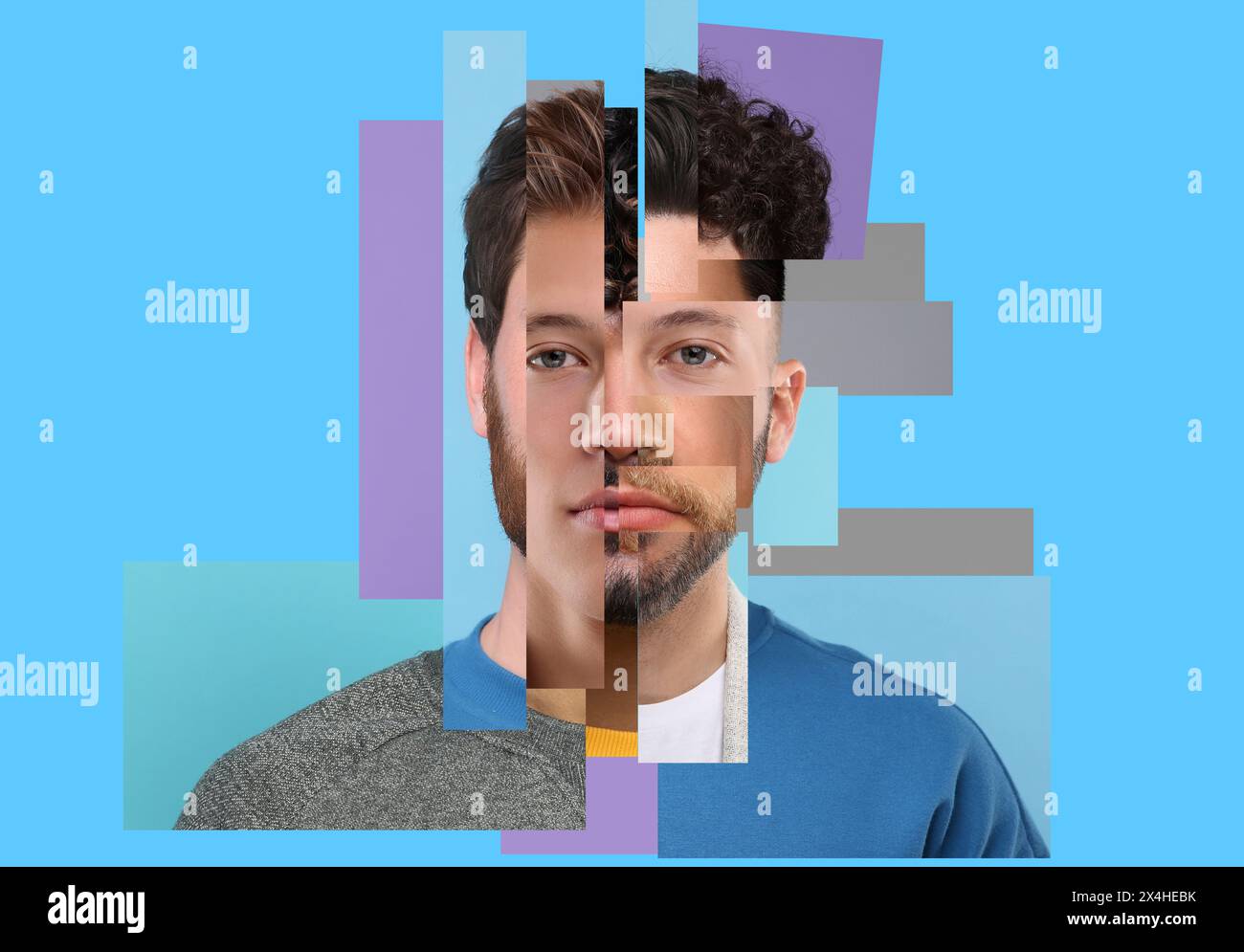 Kombiniertes Porträt eines Mannes auf hellblauem Hintergrund. Collage mit Teilen von Fotos verschiedener Personen Stockfoto