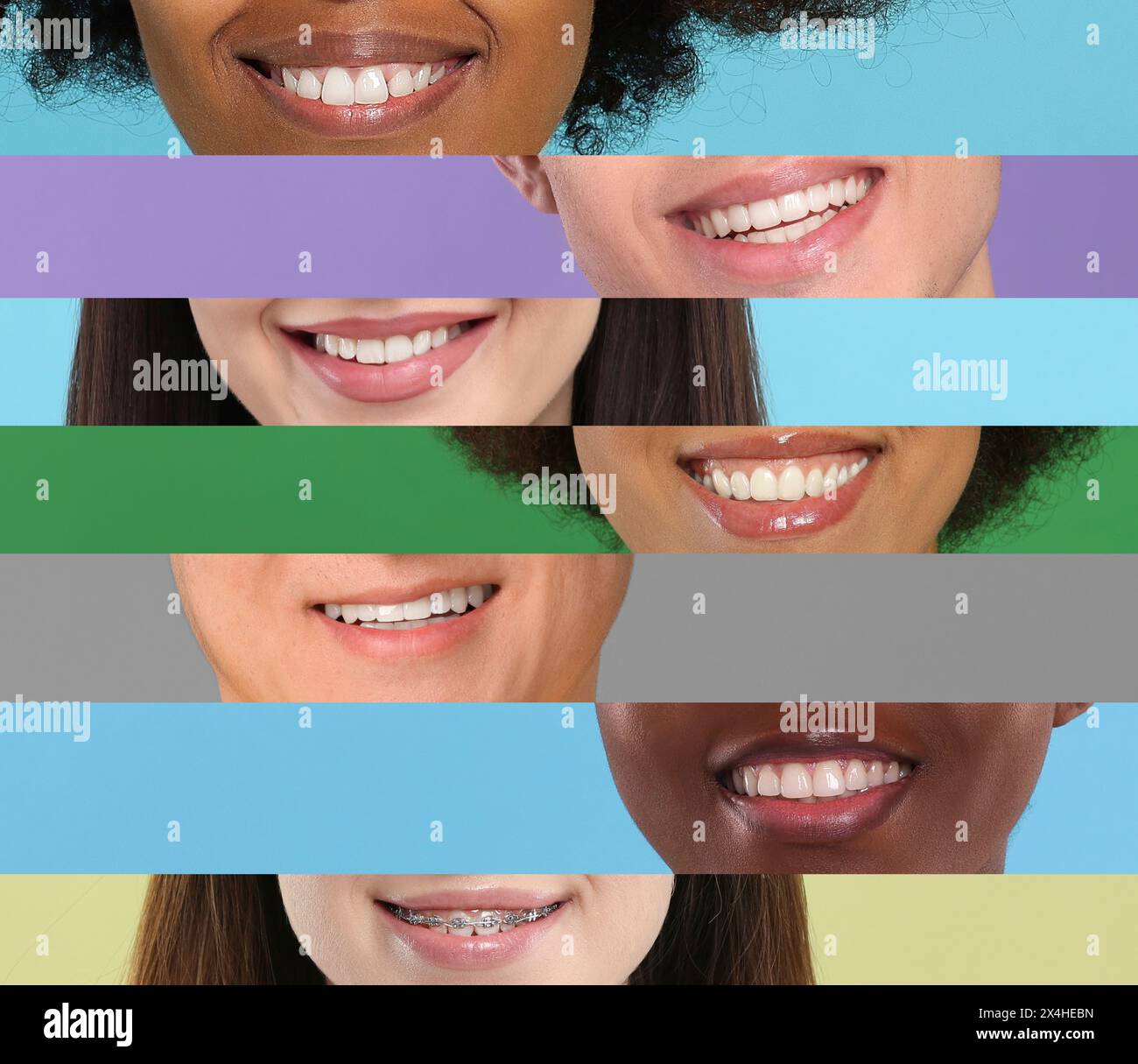 Verschiedene Leute lächeln, Collage von Nahaufnahmen Stockfoto