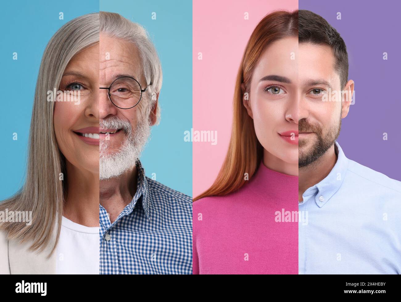 Männer und Frauen unterschiedlichen Alters mit farbigem Hintergrund. Collage mit Teilen von Fotos verschiedener Personen Stockfoto