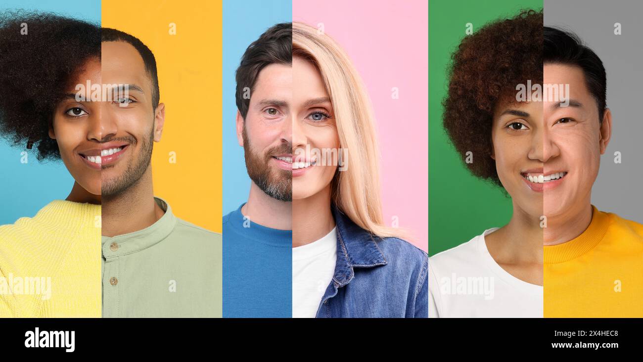 Männer und Frauen verschiedener Altersgruppen und Rassen mit farbigem Hintergrund. Collage mit Teilen von Fotos verschiedener Personen Stockfoto