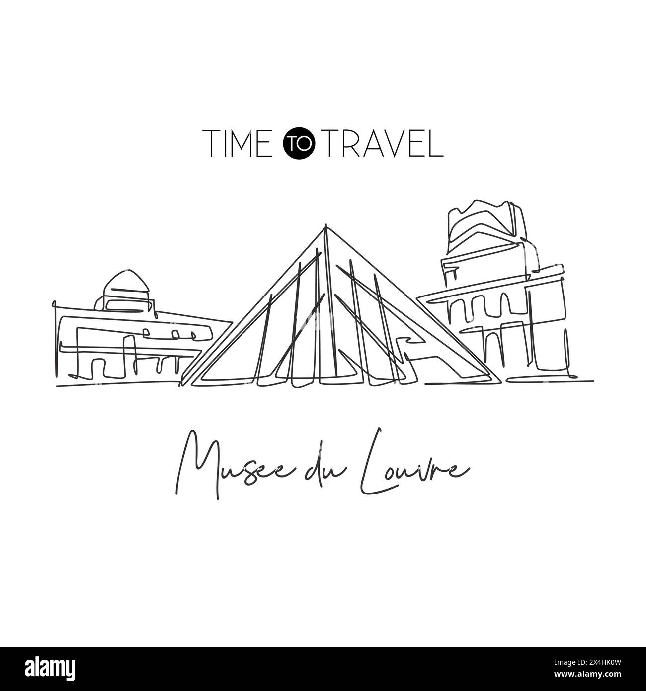Depok, Indonesien - 5. August 2019: Eine durchgehende Linienzeichnung mit Begrüßung im Musée du Louvre oder Louvre Museum. Weltberühmter Ort in Paris, Frankreich. Wa Stock Vektor