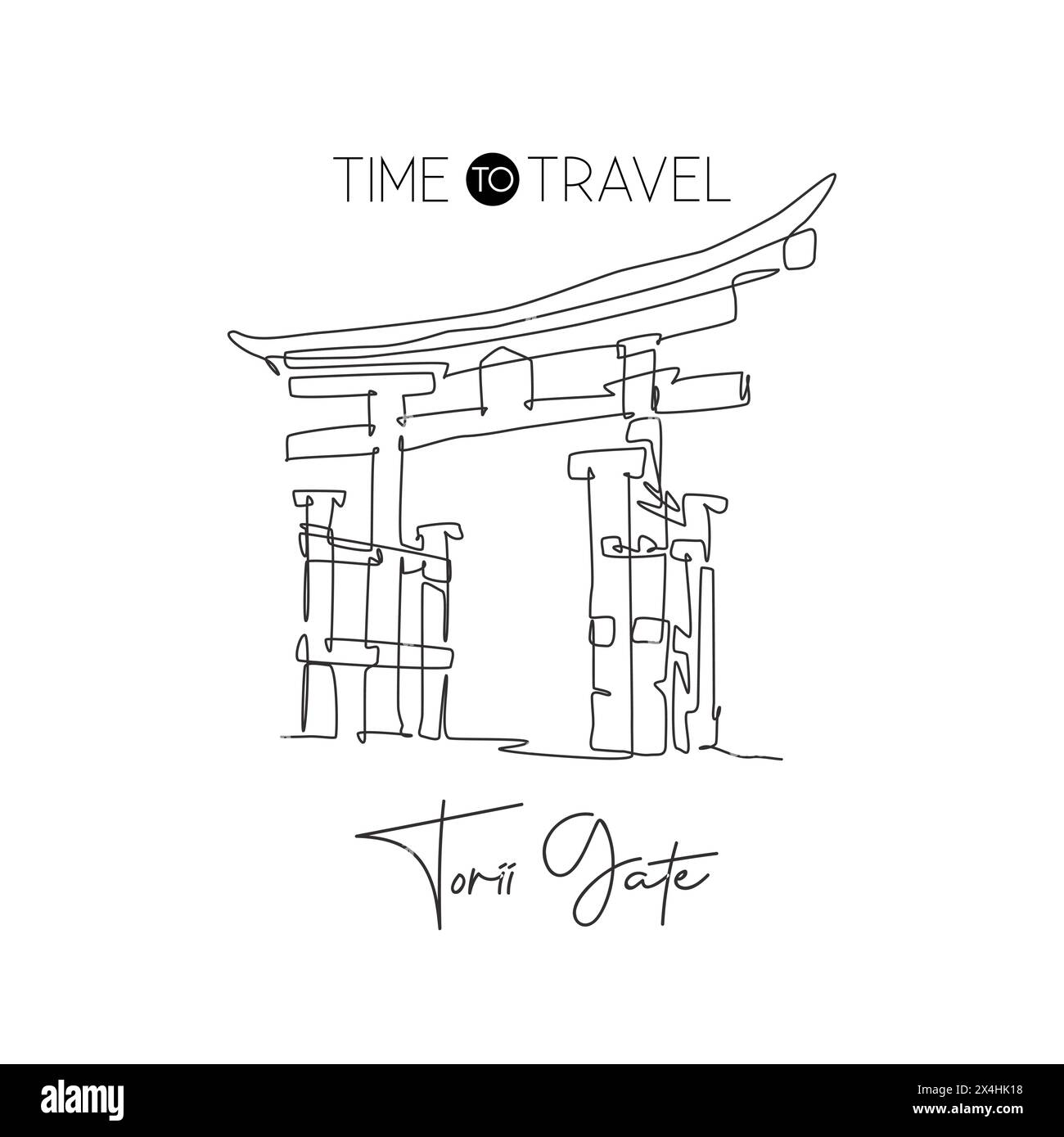 Eine einzelne Linie, die das Wahrzeichen des Torii-Tors zeichnet. Weltberühmte Wahrzeichen der japanischen Kultur. Tourismusreise Postkarte Wanddekor Posterdruck Konzept. Modus Stock Vektor