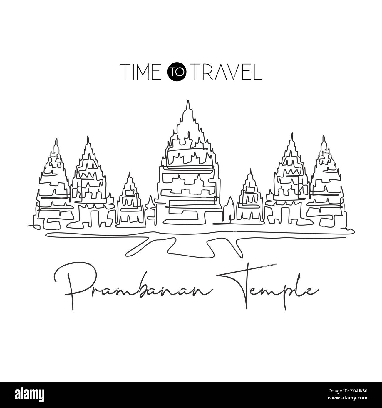 Eine einzelne Linie mit dem Wahrzeichen des Prambanan-Tempels. Weltberühmter Ort in Jogja, Indonesien. Tourismus Reise Postkarte Wohnwand Dekor Druckkonzept. Modus Stock Vektor