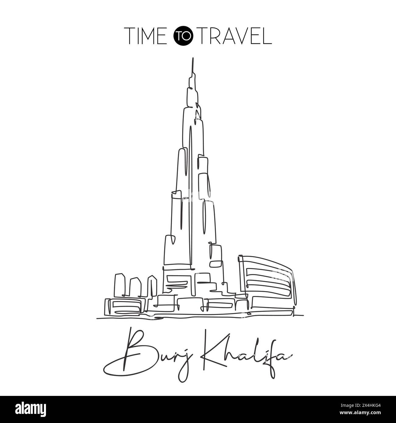 Eine einzelne Linie zeichnet das Wahrzeichen des Burj Khalifa Tower. Weltberühmter Ort in Dubai, VAE. Tourismus und Reise Postkarte Haus Kunst Wanddekor Poster Print Co Stock Vektor