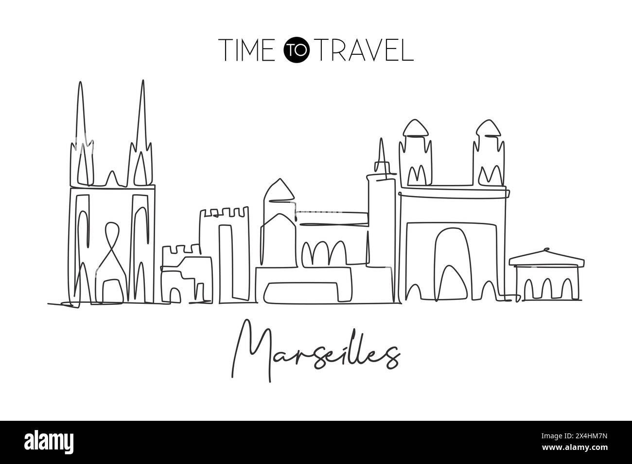 Einzelne durchgehende Linienzeichnung der Skyline von Marseille, Frankreich. Berühmte Stadt Wolkenkratzer Landschaft. World Travel Wanddekor mit Posterdruck und Kunstkonzept. Stock Vektor