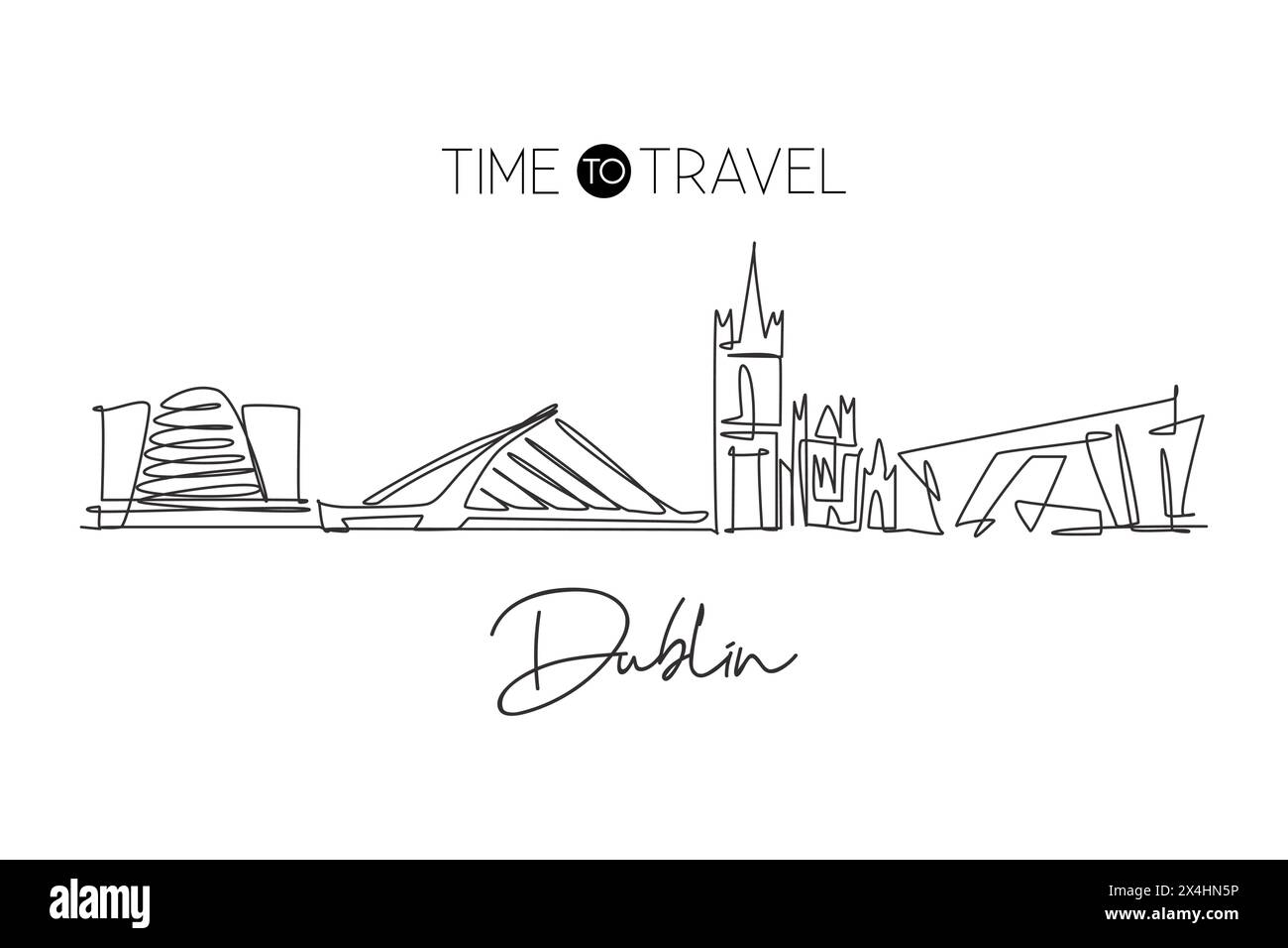 Einzelne durchgehende Linienzeichnung der Skyline von Dublin, Republik Irland. Berühmte Landschaft. World Travel Concept Wohnwand Dekor Posterdruck Kunst. M Stock Vektor