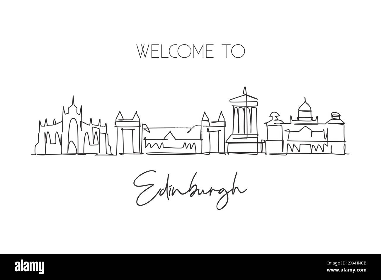 Eine durchgehende Linienzeichnung der Skyline von Edinburgh, Schottland. Wunderschönes Wahrzeichen. Weltlandschaftstourismus und Reiseurlaub. Bearbeitbar, stilvoll, STR Stock Vektor