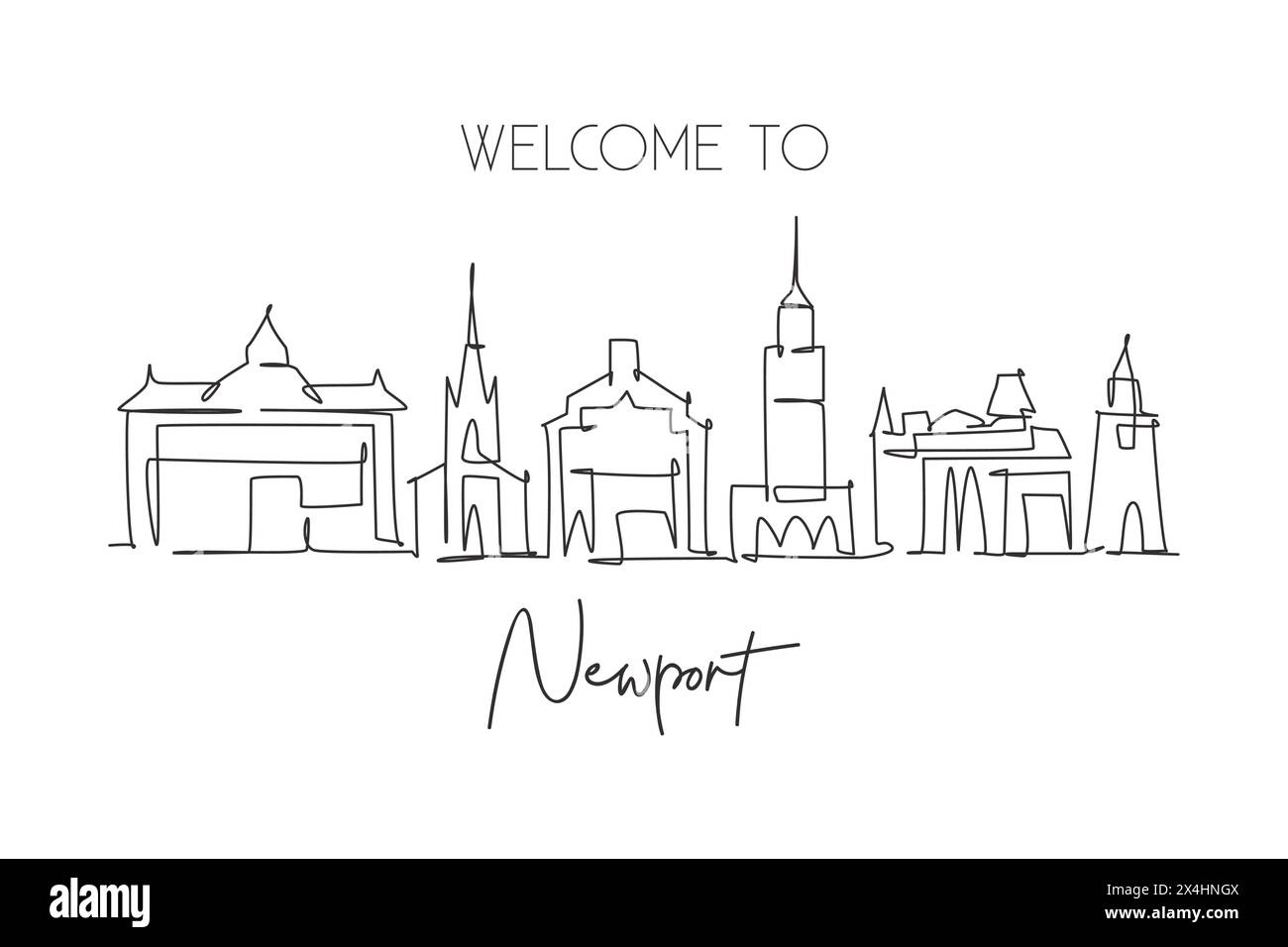 Eine einzeilige Zeichnung der Skyline von Newport, Wales. Historische Stadtlandschaft. Bestes Urlaubsziel Haus Wanddekoration Posterdruck Kunst. Trendiges c Stock Vektor