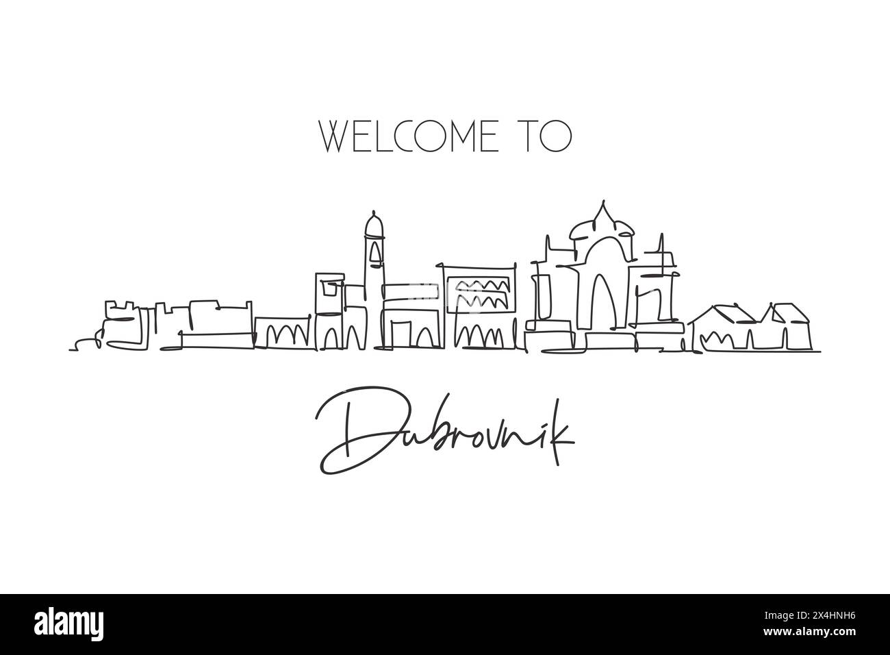 Eine durchgehende Linienzeichnung der Skyline von Dubrovnik, Kroatien. Wunderschönes Wahrzeichen. Weltlandschaftstourismus Reise Urlaub Poster. Bearbeitbare elegante s Stock Vektor