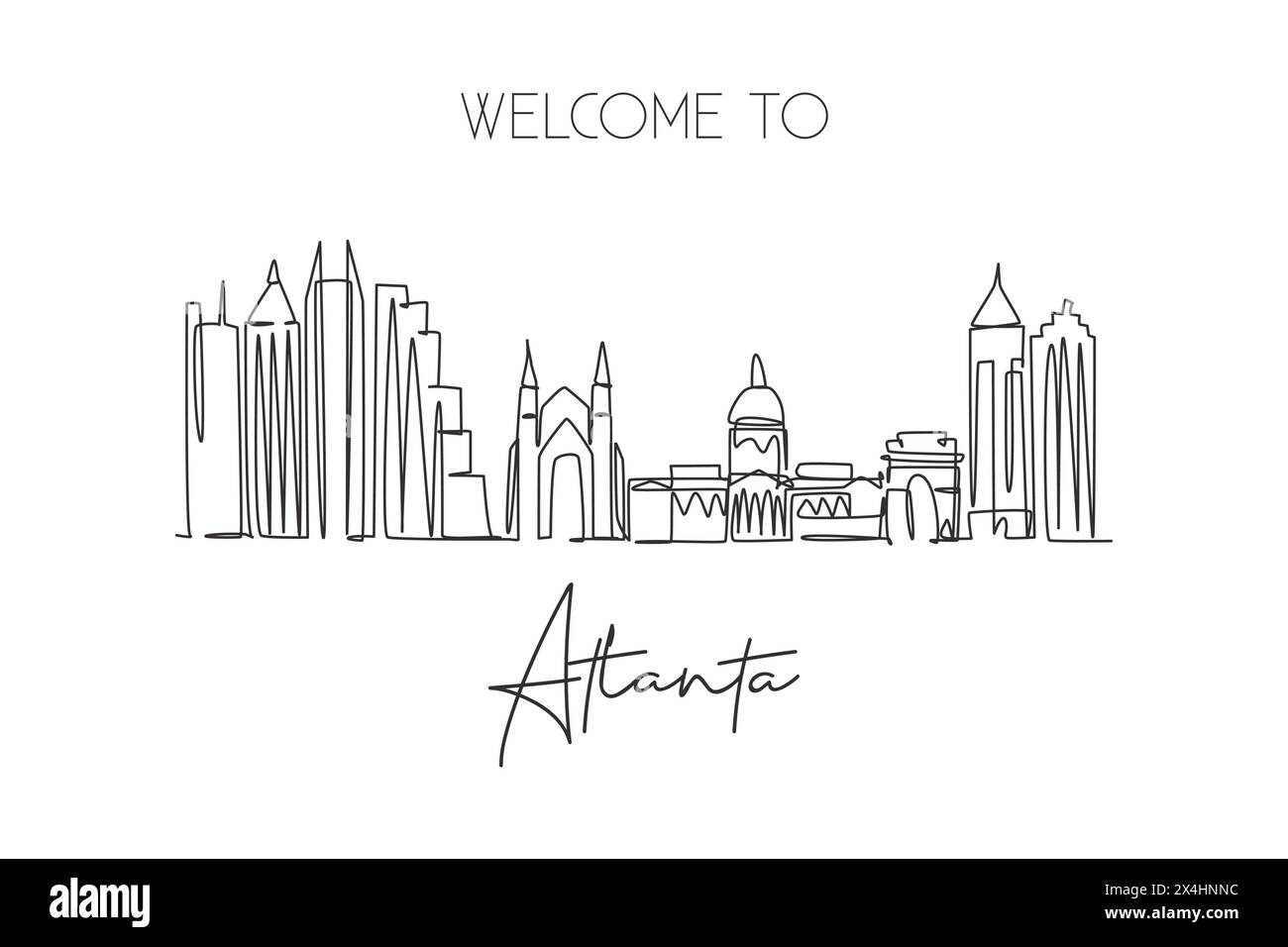 Eine einzeilige Zeichnung der Skyline von Atlanta, USA. Historische Stadtlandschaft. Bestes Urlaubsziel Wanddekor Poster-Motiv. Trend Stock Vektor