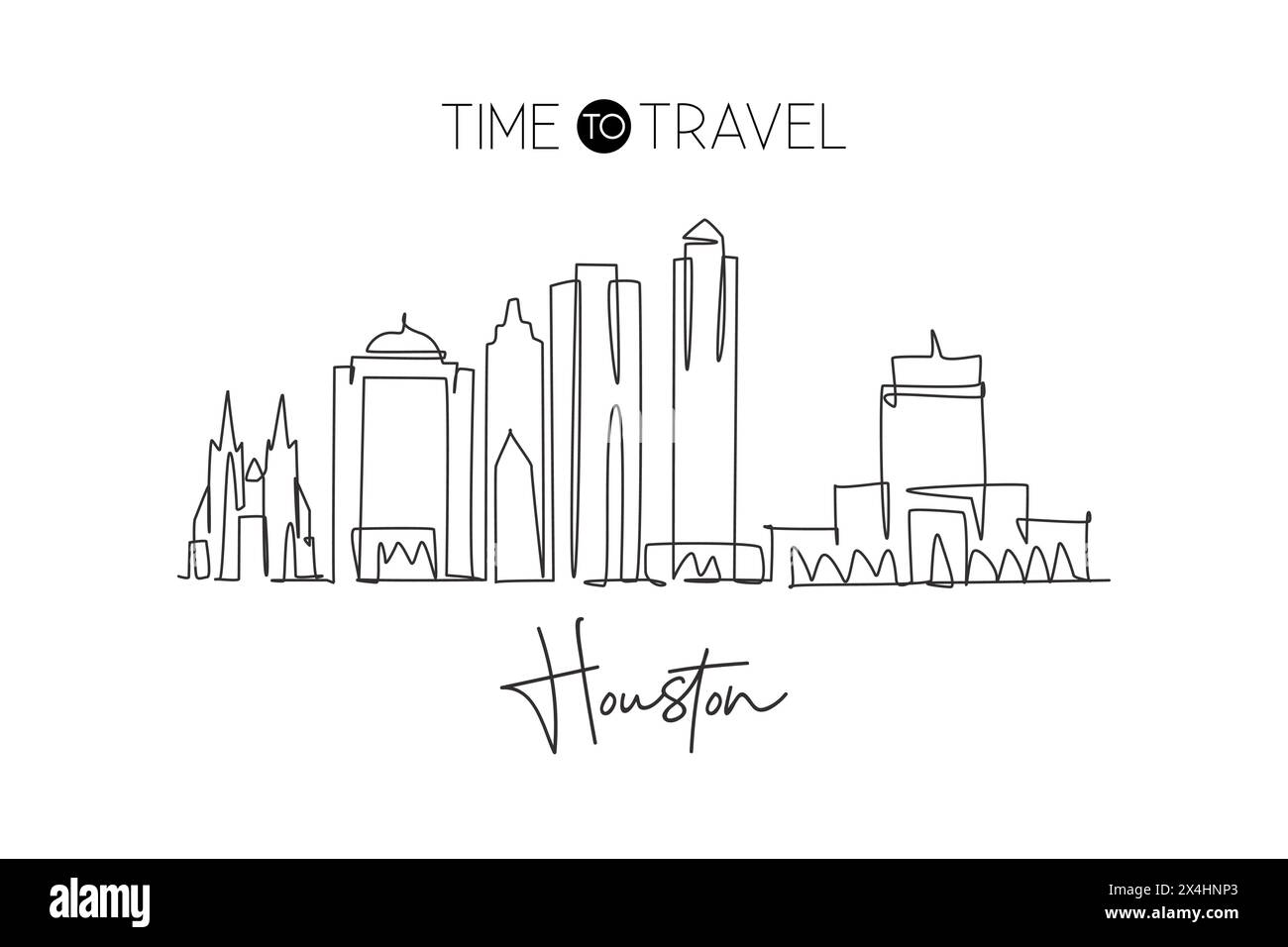 Einzelne durchgehende Linienzeichnung der Skyline von Houston, USA. Berühmte Stadt und Landschaft. World Travel Concept Wohnwand Dekor Posterdruck Kunst. Stock Vektor