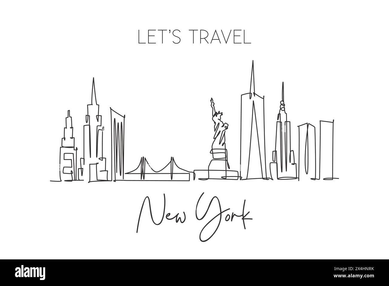 Eine einzelne Linie zeichnet die Skyline von New York City, USA. Historische Stadtlandschaft der Welt. Poster zum besten Urlaubsziel. Editierbarer Hub tren Stock Vektor