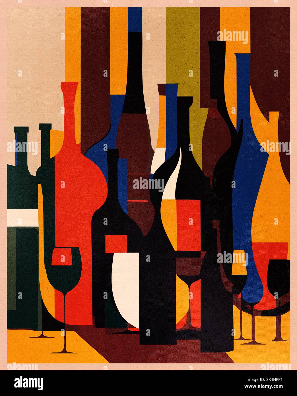 Eine Illustration von Weinflaschen und Weingläsern, Poster aus den 1970er Jahren, moderner Stil aus der Mitte des Jahrhunderts. Stockfoto