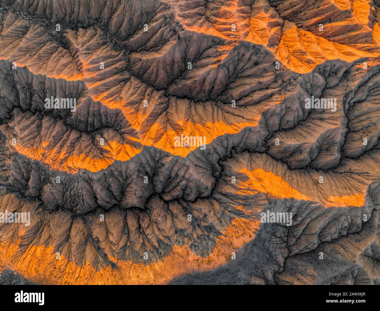 Blick aus der Vogelperspektive, Blick von oben, Canyon verläuft durch Landschaft, dramatische karge Landschaft mit erodierten Hügeln, Badlands, Canyon der vergessenen Flüsse Stockfoto