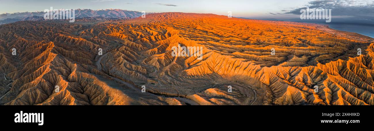 Der Canyon verläuft durch die Landschaft, der Issyk Kul Lake, hinter weißen Gipfeln der Tien Shan Mountains, dramatische karge Landschaft mit erodierten Hügeln, Badlands Stockfoto